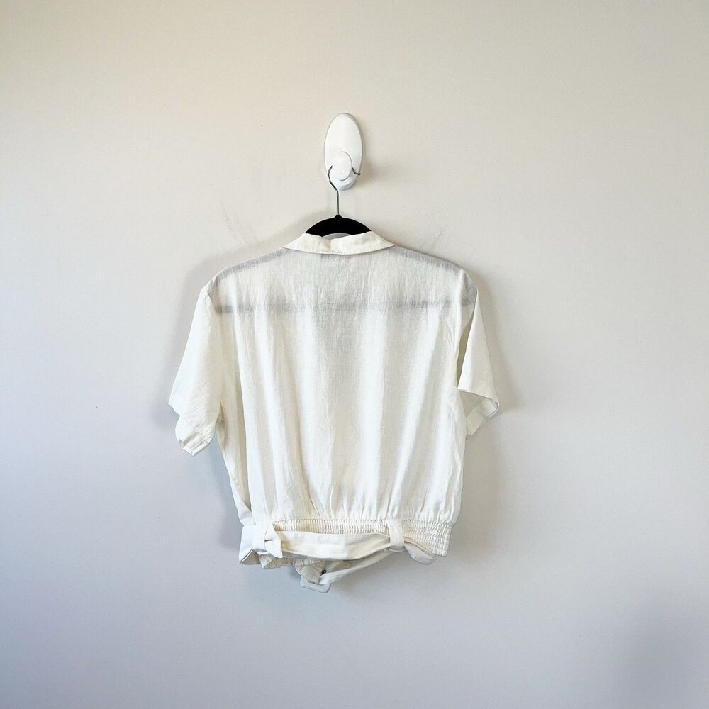 American Eagle Cropped Linen Blend Belted Surplice Blouse Top Cream Size Medium - Picture 2 of 12